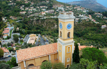 Looking down towards the bell tower of Our Lady of the Assumption Church from Eze`s hilltop Jardin Exotiques Credit: Julie Kalan