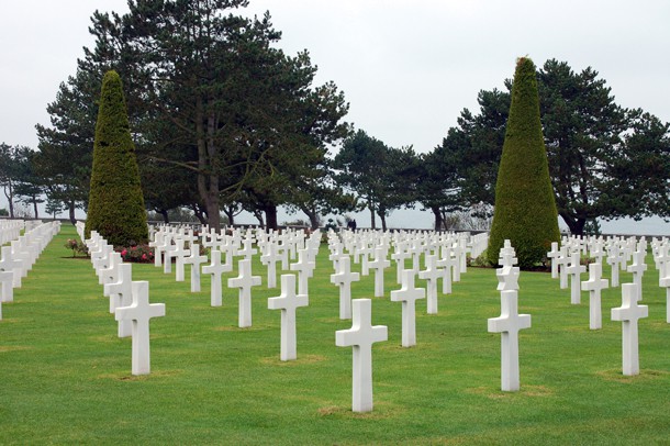 Rows of white marble grave stones mark the final resting place for 9387 American soldiers, at the American Cemetery in Colleville-sur-Mer Photo by Julie Kalan