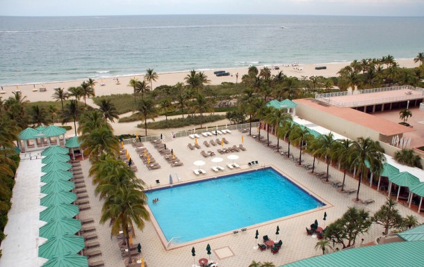 The Sea View Hotels heated Olympic sized pool framed by palm trees