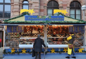 Sampling sausage at Germany's Christmas market