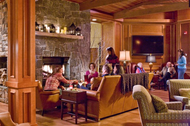 The cozy fireplace at PRs lobby bar is a popular meeting place for morning coffee and after-ski cocktails