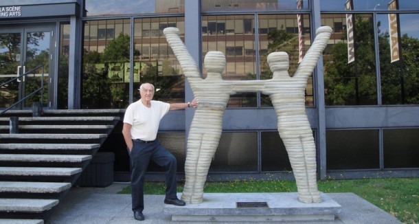 Dr. Harry Rosen the sculptor (still in his work clothes) following the November 2011 installation of The Connection at The Segal Centre for the Performing Arts. A twin version in bronze was installed at L’institut de Cardiologie in 2014