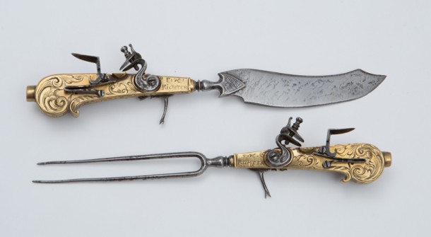 Knife and fork pistols set       About 1750 .28 caliber Made by F.H. Richter, Austria  © Stewart Museum, 1974
