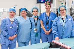 Among the members of the JGH colorectal surgery team are (from left) Raina Odegard, Licenced Practical Nurse; Sonya Brin, Nursing Team Leader and Coordinator of Robotic Surgery; Dr. Carol-Ann Vasilevsky, Chief of the Division of Colorectal Surgery; Dr. Allison Pang, Colorectal Surgeon; and Adrienne Wheeler, Nursing Team Lead for General Surgery