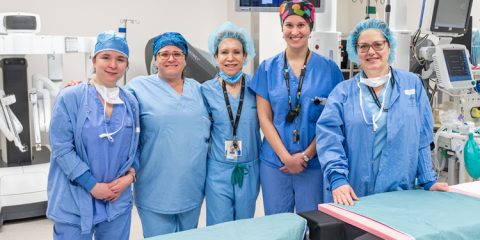 Among the members of the JGH colorectal surgery team are (from left) Raina Odegard, Licenced Practical Nurse; Sonya Brin, Nursing Team Leader and Coordinator of Robotic Surgery; Dr. Carol-Ann Vasilevsky, Chief of the Division of Colorectal Surgery; Dr. Allison Pang, Colorectal Surgeon; and Adrienne Wheeler, Nursing Team Lead for General Surgery