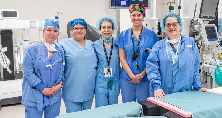 Among the members of the JGH colorectal surgery team are (from left) Raina Odegard, Licenced Practical Nurse; Sonya Brin, Nursing Team Leader and Coordinator of Robotic Surgery; Dr. Carol-Ann Vasilevsky, Chief of the Division of Colorectal Surgery; Dr. Allison Pang, Colorectal Surgeon; and Adrienne Wheeler, Nursing Team Lead for General Surgery