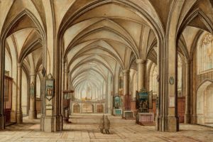 Hendrick van Steenwijck the Younger (1580 – about 1649), figures attributed to Jan Brueghel the Elder (1568-1625), Interior of a Gothic Church, 1614.