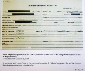 File card of the first patient admitted to the JGH on October 15, 1934