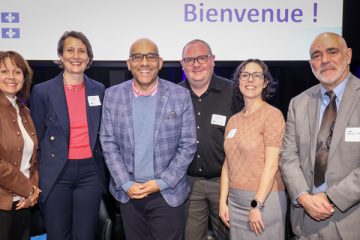 Diane Gosselin, President and CEO of CQDM, Viviane Poupon, President and CEO of Brain Canada, Minister Christopher Skeete, with Thomas Durcan, Kathie Beland and Jocelyn Faubert at the October 15 event in Montreal.