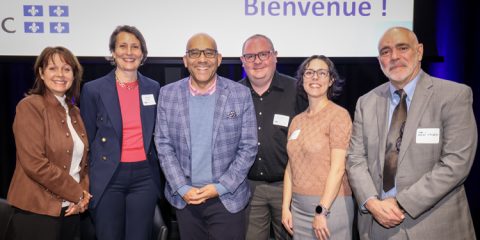 Diane Gosselin, President and CEO of CQDM, Viviane Poupon, President and CEO of Brain Canada, Minister Christopher Skeete, with Thomas Durcan, Kathie Beland and Jocelyn Faubert at the October 15 event in Montreal.