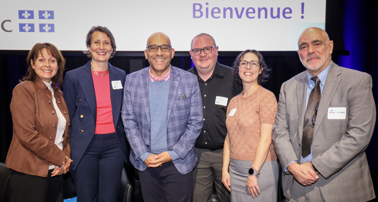 Diane Gosselin, President and CEO of CQDM, Viviane Poupon, President and CEO of Brain Canada, Minister Christopher Skeete, with Thomas Durcan, Kathie Beland and Jocelyn Faubert at the October 15 event in Montreal.