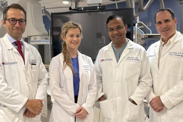 (left to right) Dr. Martin Bernier, Dr. Jacqueline Joza, Dr. Atul Verma, and Dr. Vidal Essebag inside the new cardiac EP Lab at the Glen.