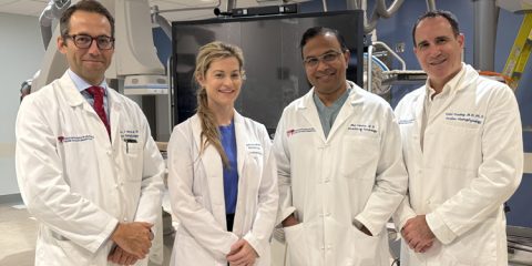 (left to right) Dr. Martin Bernier, Dr. Jacqueline Joza, Dr. Atul Verma, and Dr. Vidal Essebag inside the new cardiac EP Lab at the Glen.