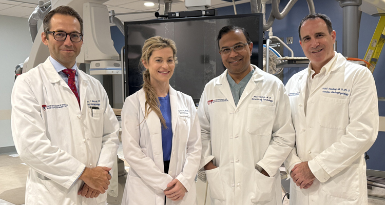 (left to right) Dr. Martin Bernier, Dr. Jacqueline Joza, Dr. Atul Verma, and Dr. Vidal Essebag inside the new cardiac EP Lab at the Glen.