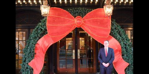 Ritz Carlton CEO and GM Andrew Torriani at the landmark front entrance, decked out for Christmas