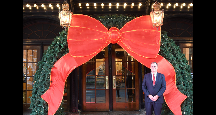 Ritz Carlton CEO and GM Andrew Torriani at the landmark front entrance, decked out for Christmas