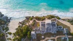 The Tulum archeological ruins overlook the blue waters of the Caribbean 