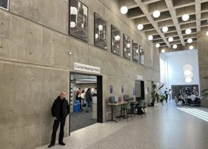 The artist John A. Schweitzer with The Erewhön Cycle in situ in The D.B. Weldon Library at the University of Western Ontario on November 20, 2024  Photo: Robert Poirier