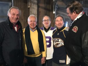 Canadiens Old-timers Guy Lafleur, Yvon Cournoyer, Michael Goldbloom (with his Bishops hockey sweater), Jonathan Goldbloom and Canadiens alumni Serge Savard   